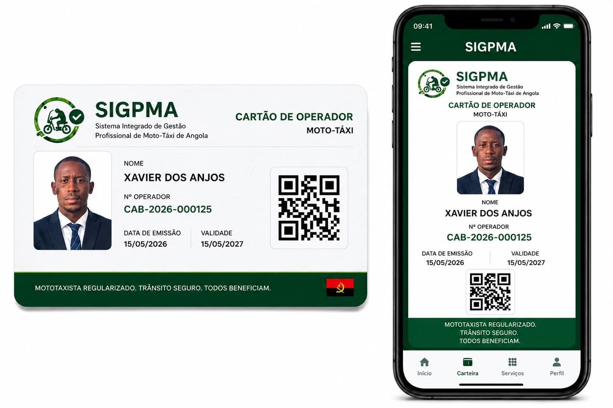 Cartão de operador de moto-táxi SIGMA apresentado em cartão físico e na interface da aplicação móvel